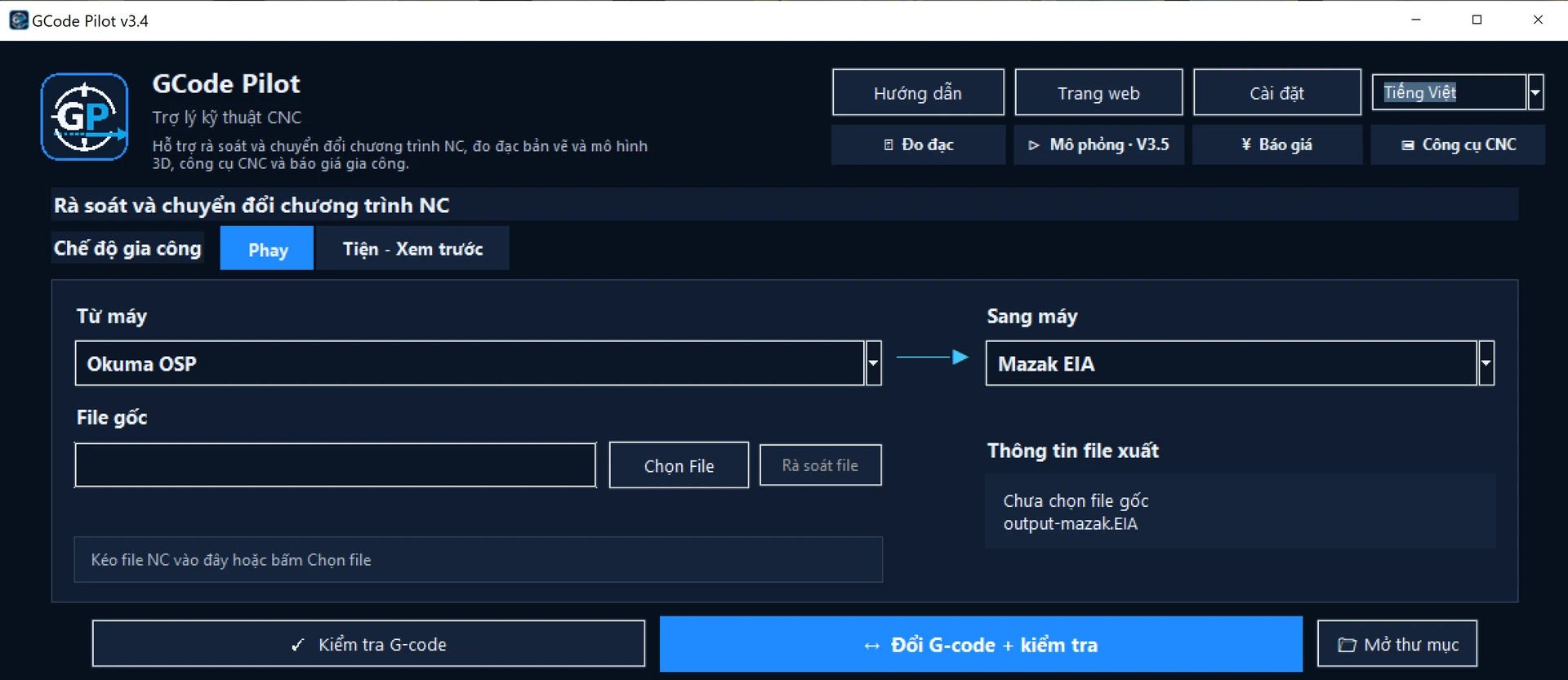 GCode Pilot V3.4 bằng tiếng Việt, màn hình chính của trợ lý kỹ thuật CNC.